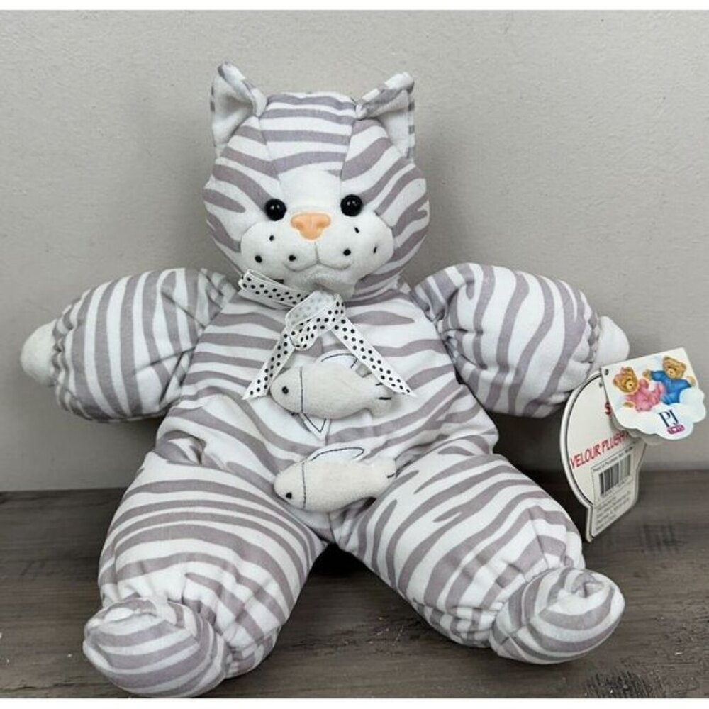 PJ Toys Inc Plush Cat Kitty Gray White Bow Stuffed Animal Lovey Toy 13" Fish TAG